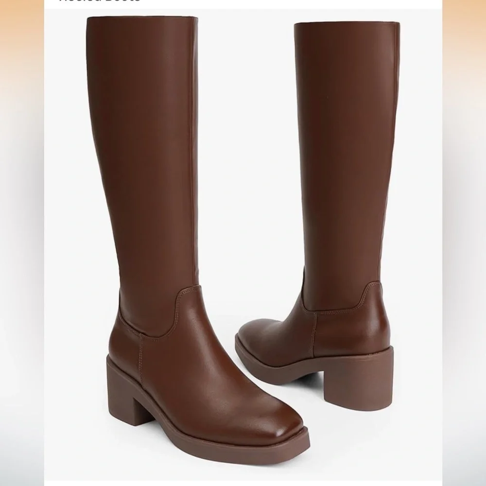 NWOT Brown Knee-High Platform Square Toe Chunky Heel Women's Boots 8.5
